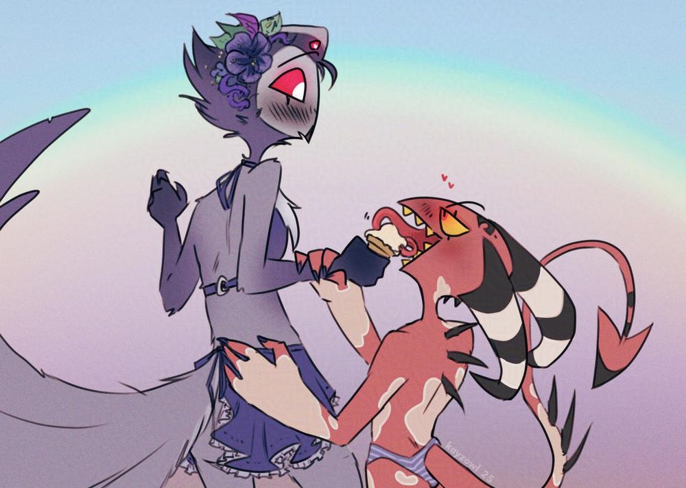 art of Stolas and Blitz in swimsuits. Stolas has an ice cream cone, Blitz has grabbed Stolas' arm to hold the ice cream cone within reach and has his tongue curled around the top, his hand on Stolas' hip/ass, and is leering at him. Both of them are blushing because they are flirting shamelessly. It can barely be called flirting at this point.