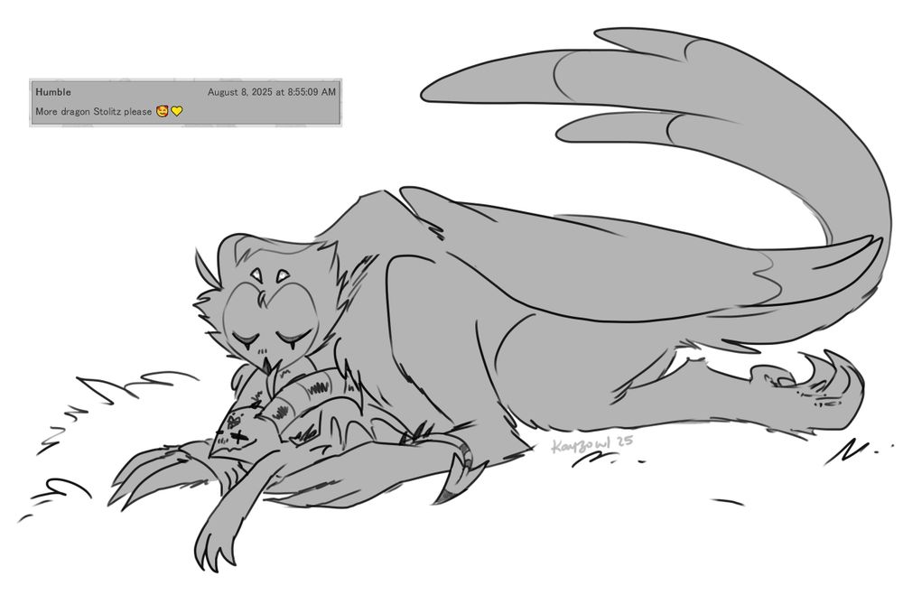 big feathery griffon Stolas licking a content dragon blitz's head where he sits nestled between Stolas' giant front talons. there's a screencap from my askbox, a request from Humble: More dragon Stolitz please.