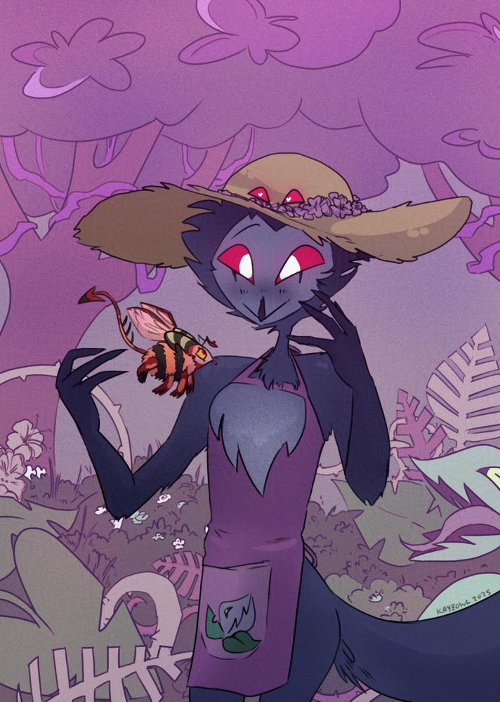 art of Stolas in his garden wearing a sunhat, a tiny, fuzzy, striped Blitz bee flying in the air in front of him. Stolas is wearing an apron and his hat and nothing else!