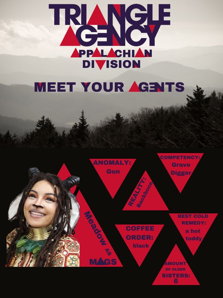 A poster with a foggy mountain background, the top half has text reading “triangle agency Appalachian division meet your agents” and the bottom half has sever red triangles. The largest one has a picture of Meadow that reads “Meadow as Mags.” The others read “Anomaly: gun; reality: backbone; competency: grave digger; coffee order: black; best cold remedy: a hot toddy; amount of older sisters: 6” 
