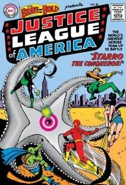 The Justice League of America fighting Starro, an alien starfish. Includes the flash, martian manhunter,green lantern and wonder woman.