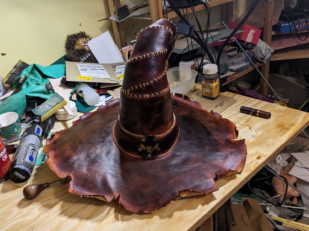 Leather witches hat with hand stitched spiral tip