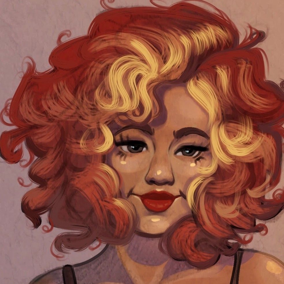 Digital drawing of a woman with wild curly red and gold hair.