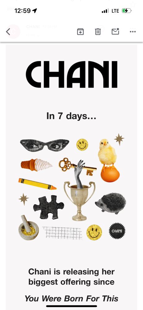Various images of sunglasses, smiley face, crayon, etc. with text regarding a surprise announcement related to Chani 