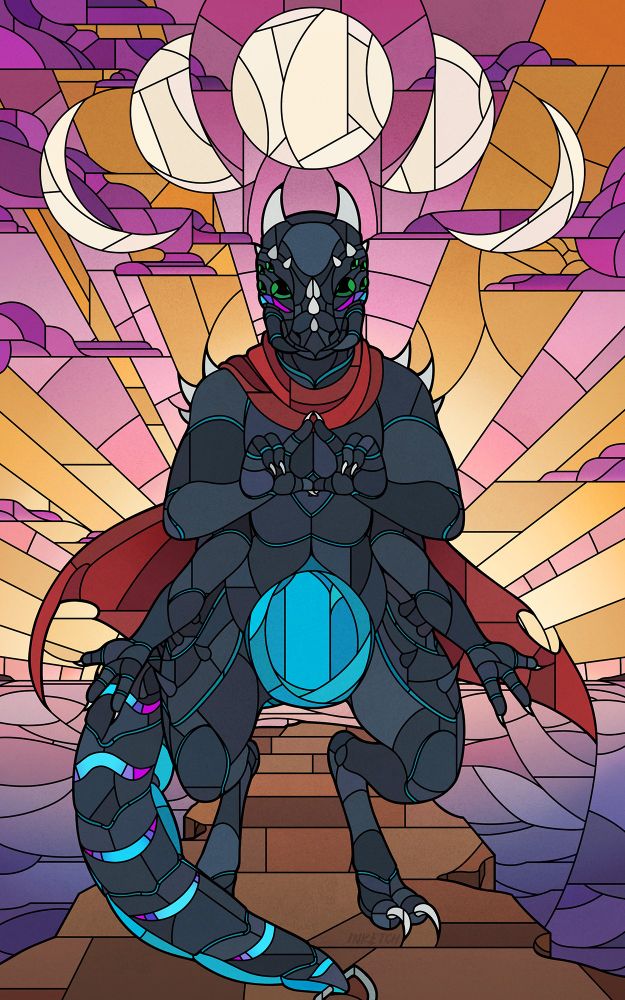 An insectoid anthro stands on a cliff, their body a darkened grey chitin with blue tones between the chitinous plates. Markings of blue, to purple to pink dot the face and tail, and the underside of the tail and stomach are a vibrant blue. They have four arms, the upper pair held finger and thumbs touching to form a circle, while the lower are open wide in a welcoming stance. They have multiple horned protrusions both in the same chitinous colour and horns on their head and shoulders. They wear a red cape around their neck. Standing on a cliff over a sea, dawn breaks over the horizon behind them, with gold sunrays breaking the pink skies. Purple clouds break the rays and phases of the moon are depicted above the character.