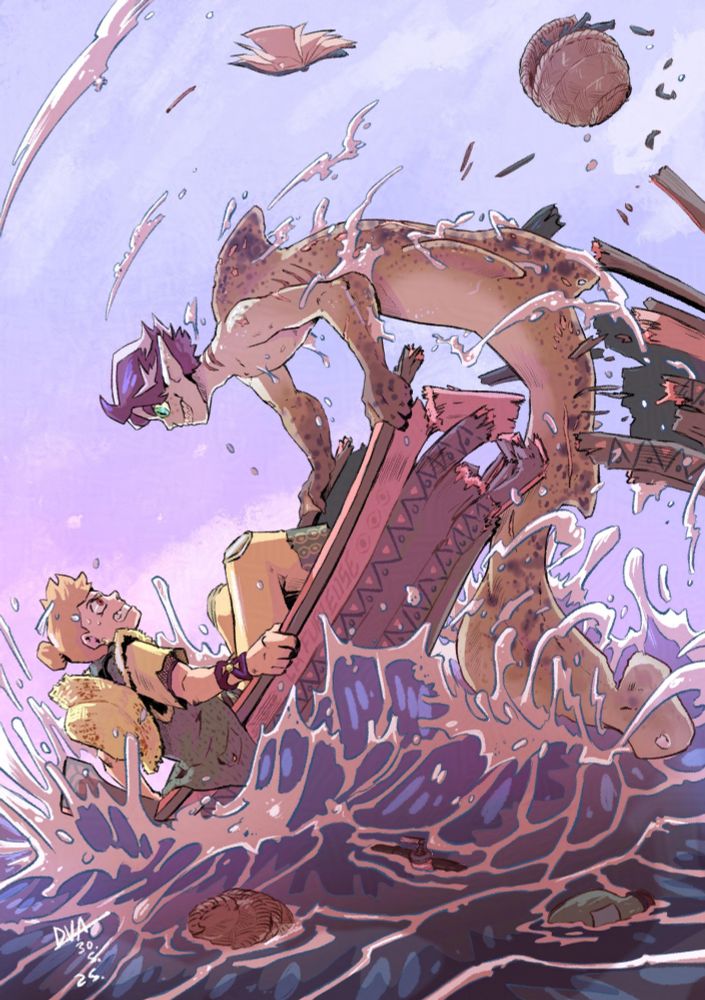 A triton or merman, in this case a cat shark, with yellow-brown skin with dots and many scars, jumping over a broken boat that it's being swallowed by turbulent waters. On the boat, trying to stay calm, a fisherman with a straw hat and humble attire. The scene is in the middle of the frenzy and it looks like the triton has found it's meal. The characters are from my webcomic, Five Pounds. 
