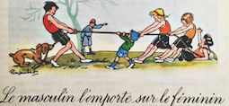 Illustration d'un ouvrage de grammaire Belin 1951 où l'on voit un groupe de garçons tirer à la corde contre un groupe de filles et l'emporter, avec en titre en-dessous "Le masculin l'emporte sur le féminin."