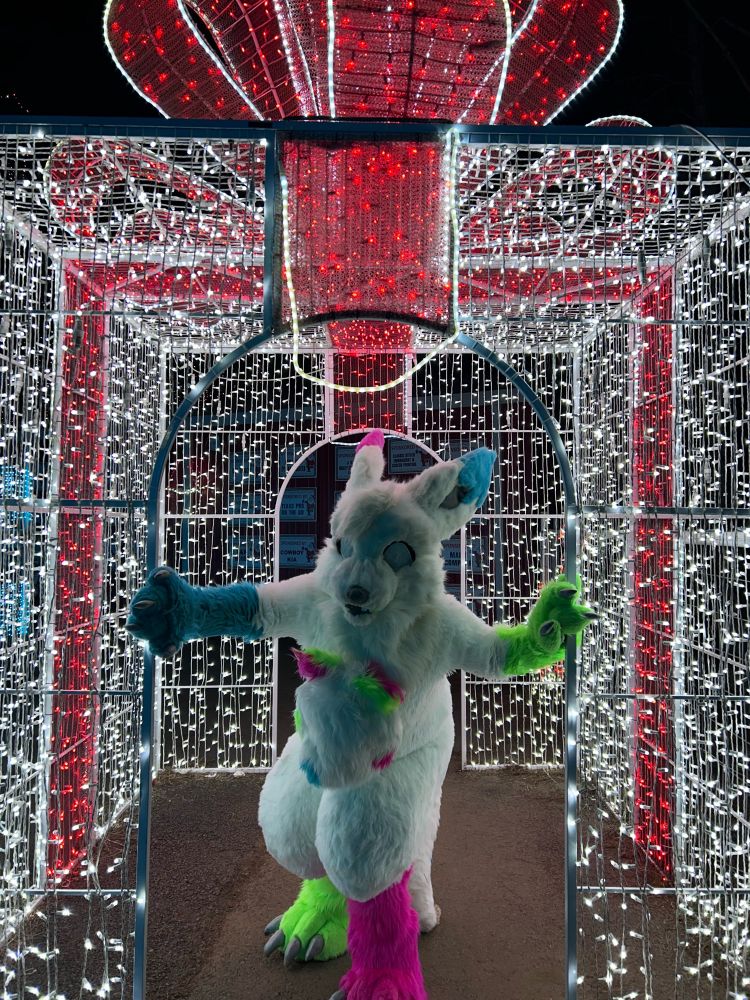 Inks fursuit in a lit up Christmas present 