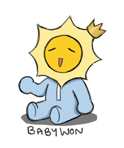 a sketchy doodle of a baby SunWon, wearing a pale blue onesie, smiling and one hand raised. text below reads: babywon