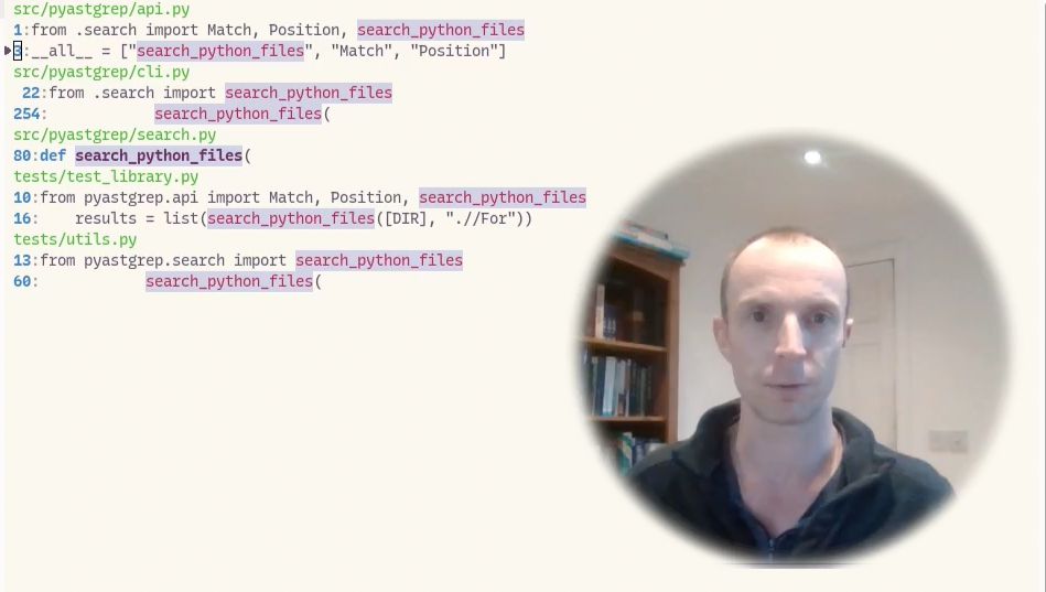 Thumbnail from video showing Emacs screen and mugshot