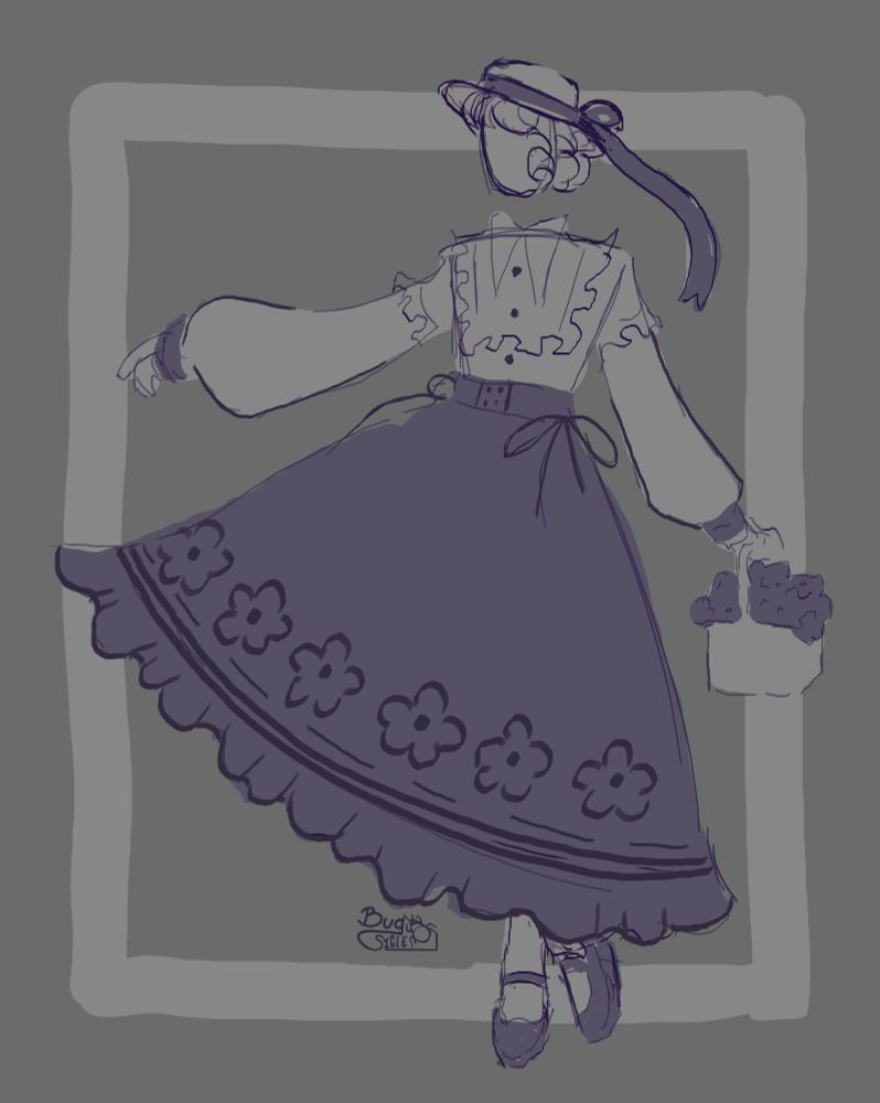 a quick gesture drawing of a woman with short curly hair, wearing a long flowy purple skirt and flowy white blouse, She's carrying a basket of flowers in one hand