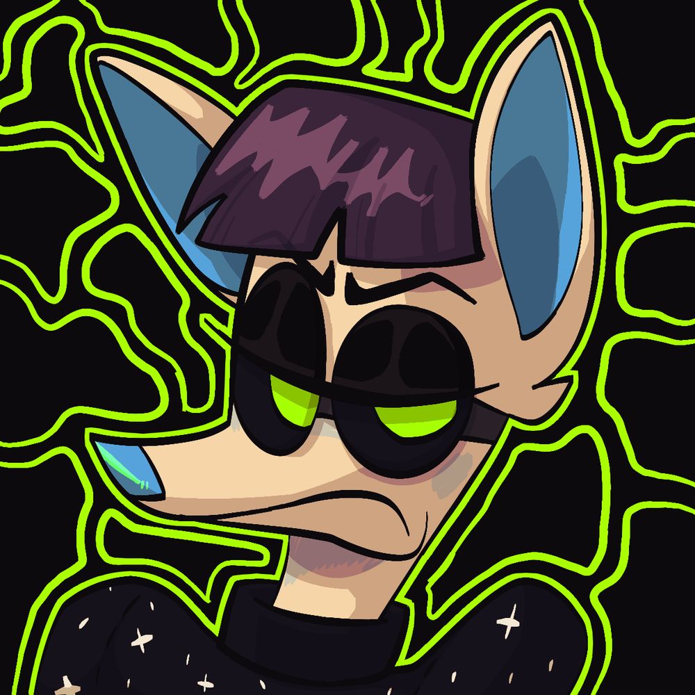 [Cartoon drawing] A chest-up drawing of a pink anthro Dog with long ears, and short black hair, wearing a black T-shirt and glasses.