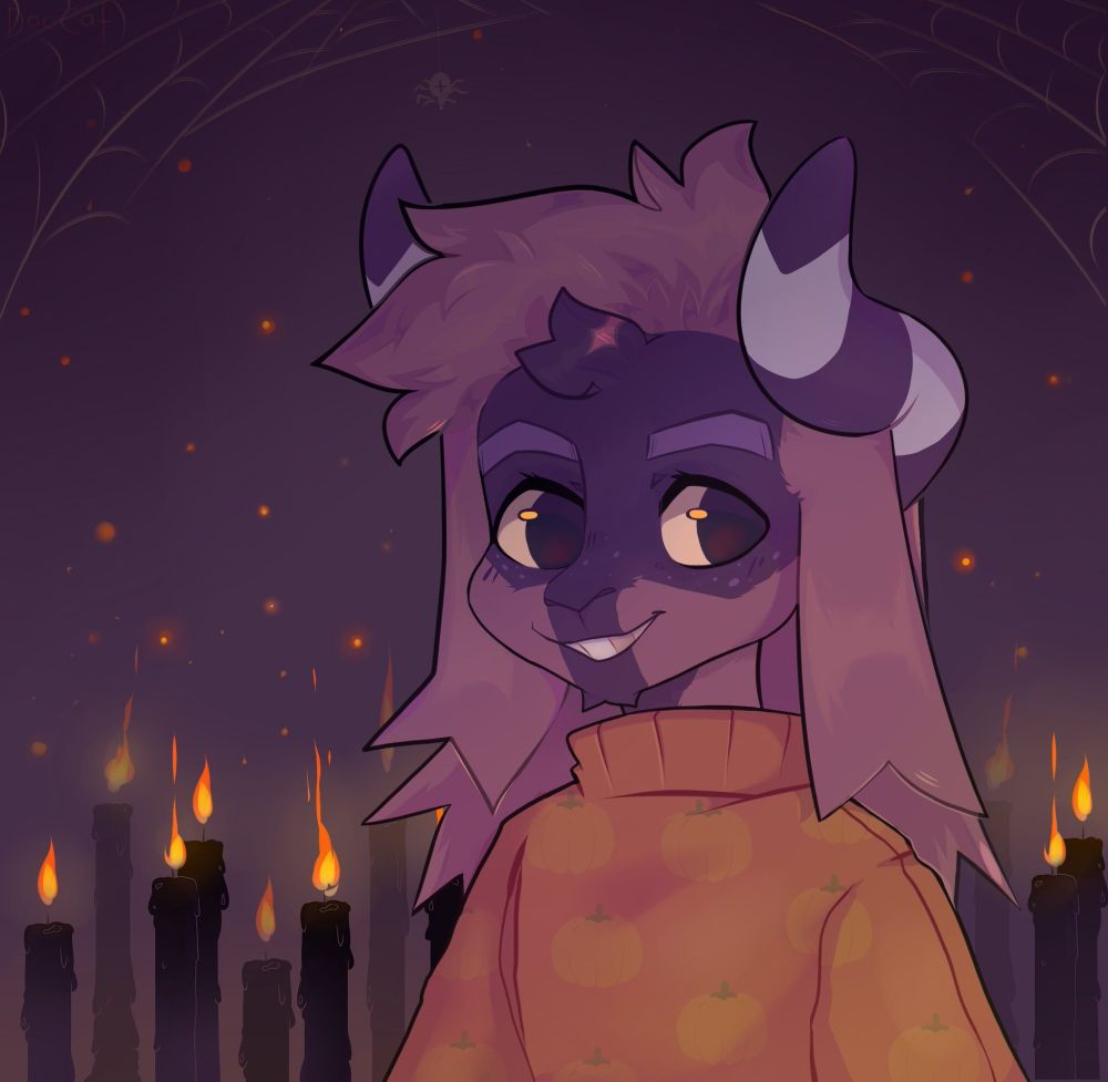 [Cartoon drawing] A greyish-red Lemur-like anthro character, with striped horns, and long hair, drawn from the chest-up, wearing an orange sweater with a Pumpkin pattern on it. The background is purple with lit Candles behind the character.