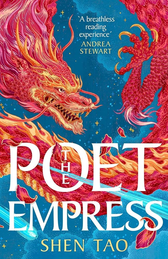 UK book cover for The Poet Empress by Shen Tao. A red and gold Asian dragon flies against a blue background, possibly a night sky with clouds and stars visible. Rose petals are scattered around the lower half of the cover, and a beam of silvery-blue light, like the tail of a shooting star, cuts diagonally across the lower half.