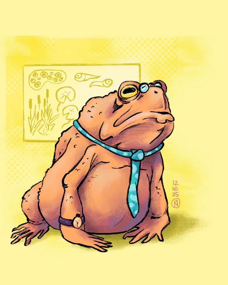 Illustration of an orange toad dressed as teacher. The toad is wearing a light blue tie, a wrist watch and glasses. In the yellow tinted background is a blackboard with drawings of  tadpoles and frogspawn.