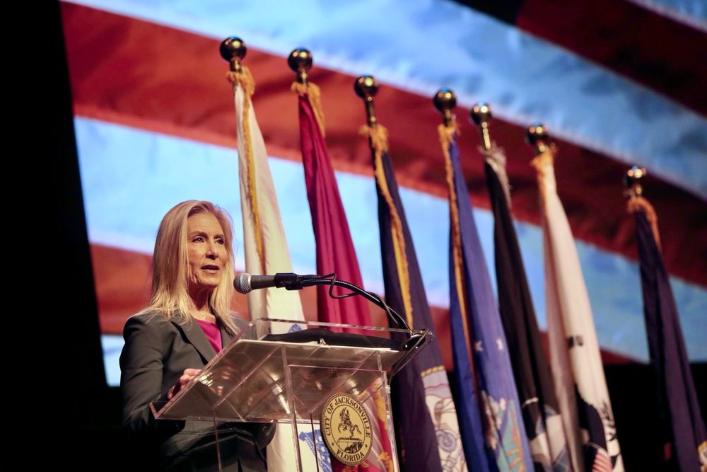 Mayor Deegan speaking at the veterans Day breakfast