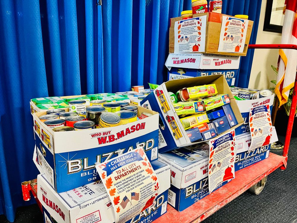 Boxes filled with cans of donated food