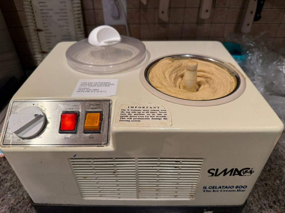 My beloved, > 35 year old ice cream maker, with the first batch of pumpkin ice cream