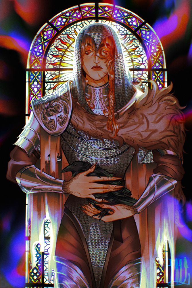 fletcher avoraine, original character. a lithe, blond man wearing chainmail stands with his back against a stained glass window. in his hands is a raven that he holds to his stomach protectively. 