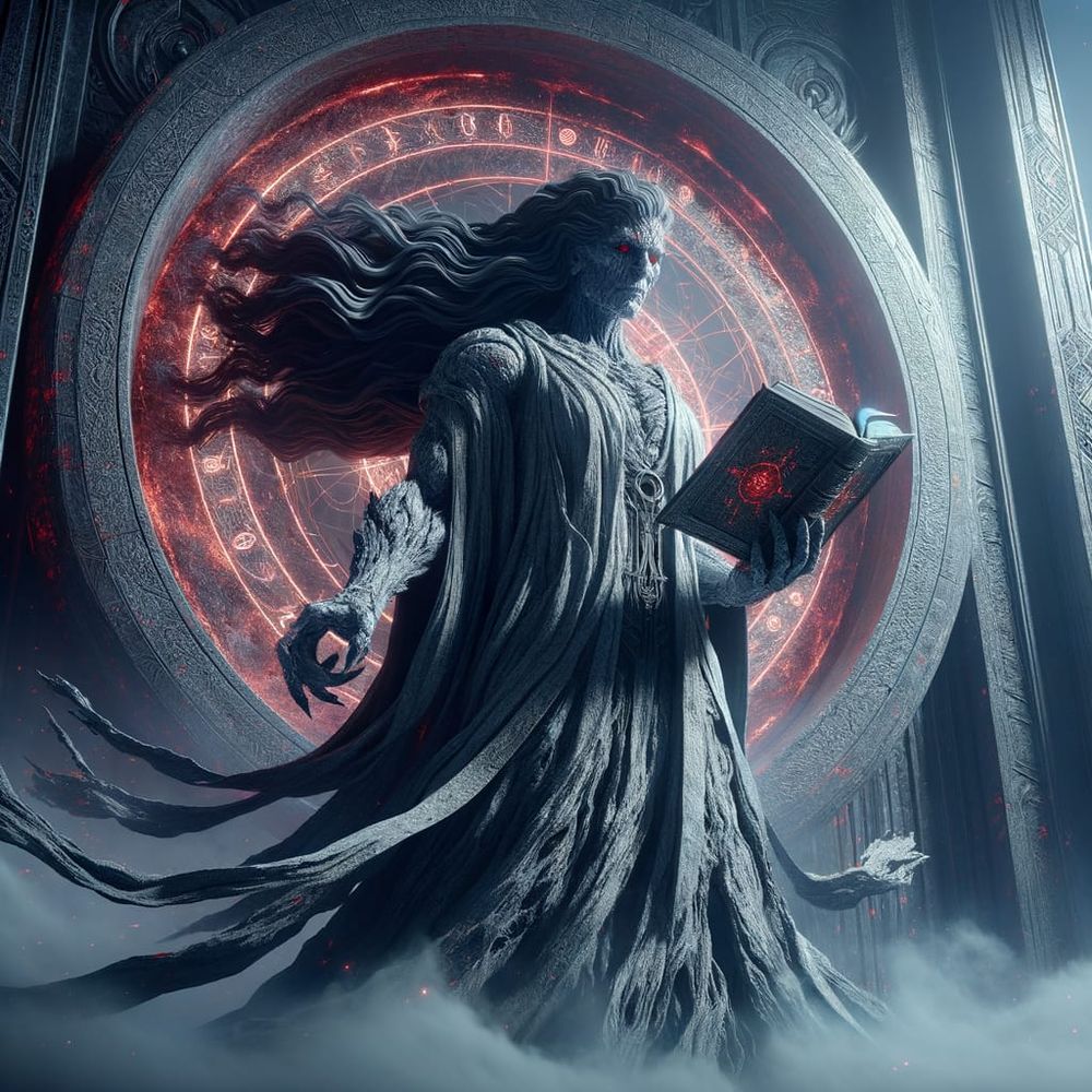 The Goddess of Evil Darqueness with a Necronomicon book in her possession.