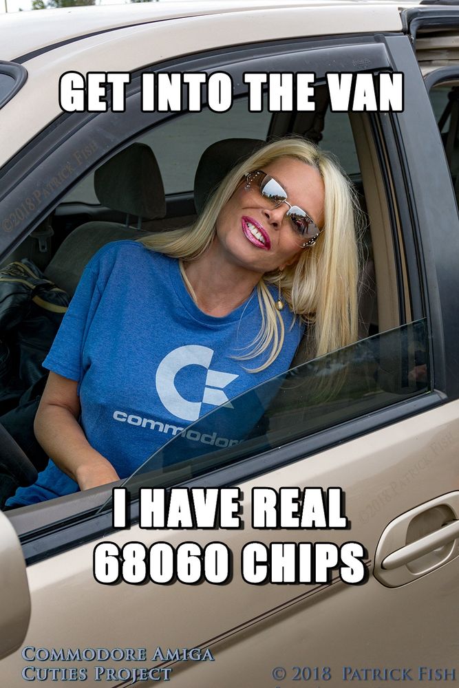 Amiga aged blonde MILF in Commodore shirt claims to have real 68060 chips.
Just get into the van.