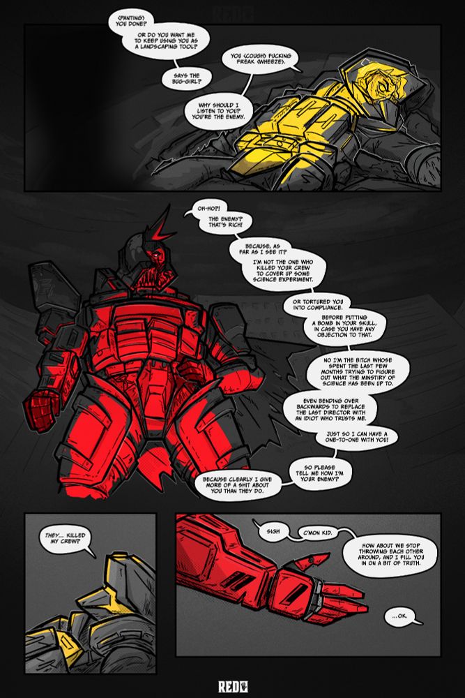 a helldivers comic, delany looking down at maya and lecturing her about how she isn't the enemy, before offering her a hand up