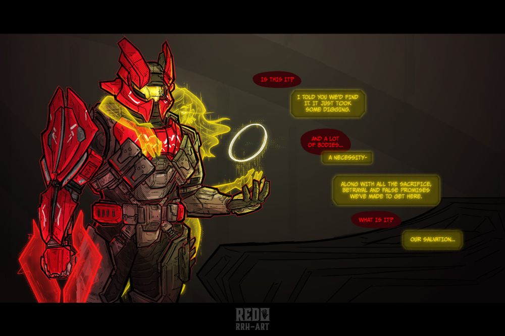 A halo Del variant, in black armor with red highlights, behind her is a yellow hologram holding out her hand as the two are discussing all their treachery to get access to a halo ring.