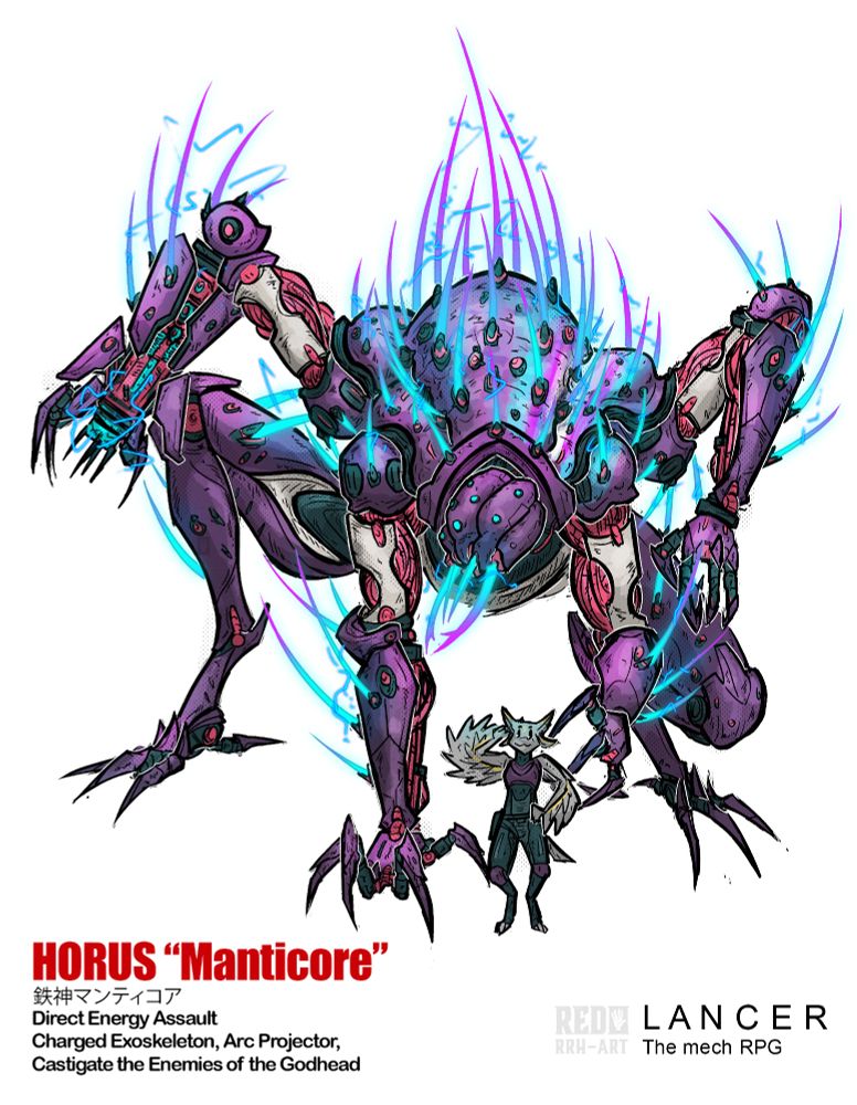 A small furry character standing infront of a large purple mech, with glowing blue and purple quills coming from their arms and back. The mech is looming over it's pilot (the furry)