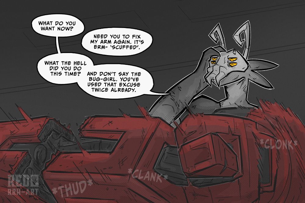 Delany throws her broken metal arm on a table infront of stryx as the alien tries to figure out how Delany broke her arm.