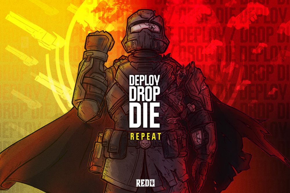 A helldiver, stood saluting as one half of their armor is tattered and destoryed. Infront of them are the worlds 'Deploy, Drop, Die, Repeat'