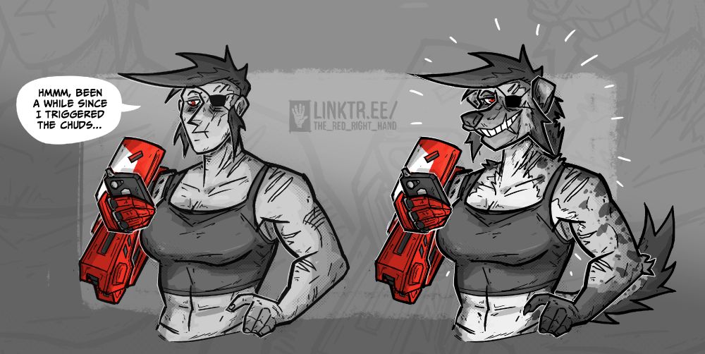 Delany, a Helldiver OC looking at her phone and contemplating how it's been a while since she's triggered any chuds. Next to her 'transformed' is a furr-sona version of Delany as a Heynna 