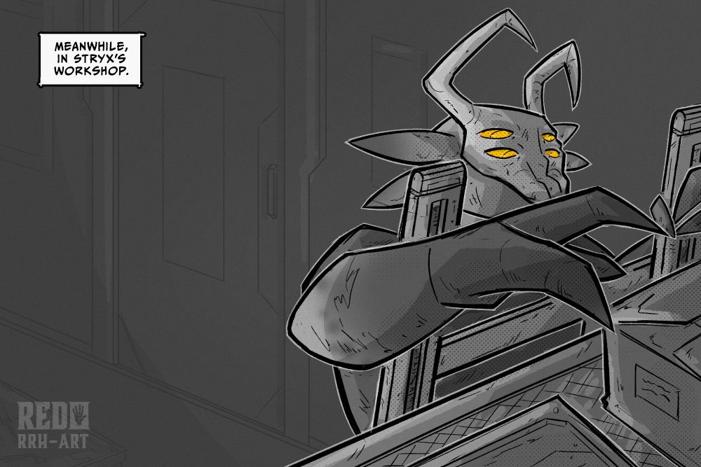 Stryles, an alien in the Helldiver Universe, up a leader reaching for a box ontop of a shelf.