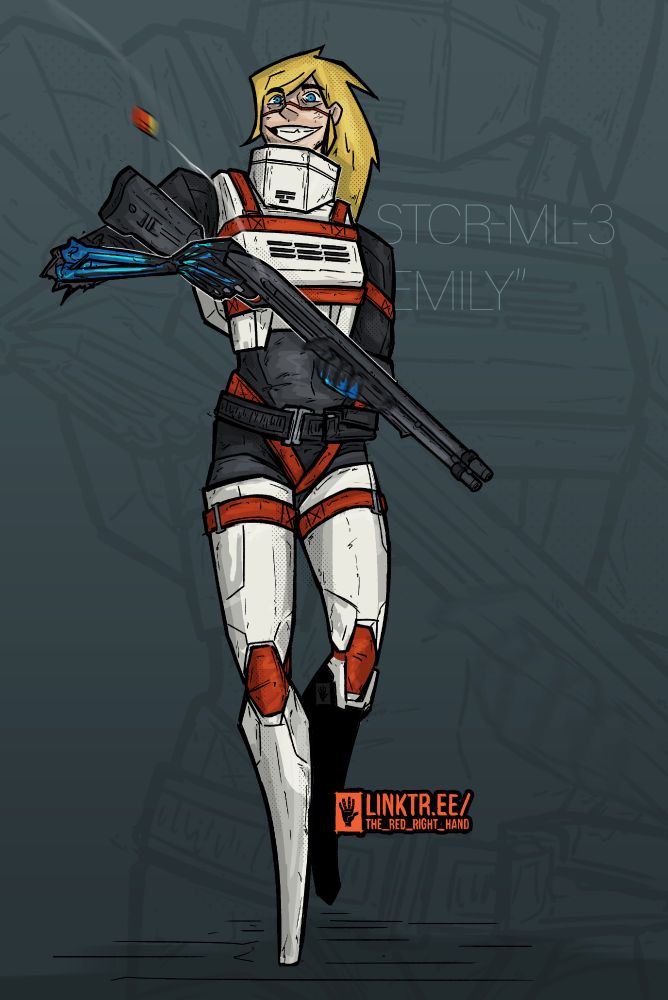 @dethklaus.bsky.social SIGNALIS oc “Emily”, holding a shotgun and looking at the camera with a eager grin.
