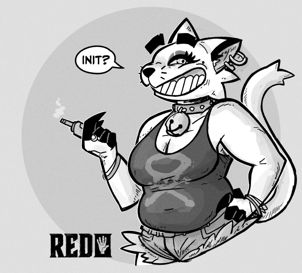 A furry (Cat) from the waste up in demin short-shorts, a tanktop with a wheezing symbol on the front, a large bell collar and a wide toothy grin. She looks like she's holding a vape and saying the words 'Init'. 