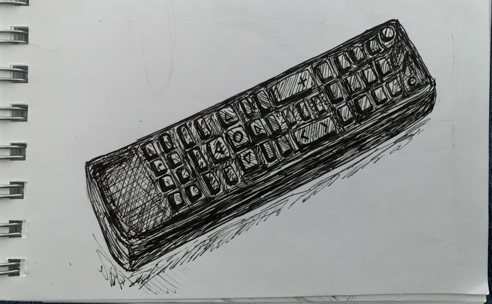 Black ink on white paper sketchy mess drawing of a bendy stubby telly remote control. Did not work out as well as I’d hoped 