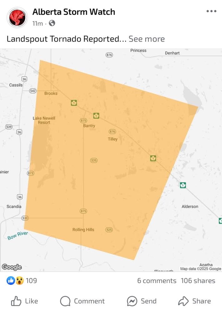 Alberta Stormwatch post on Facebook regarding a landspout tornado today.