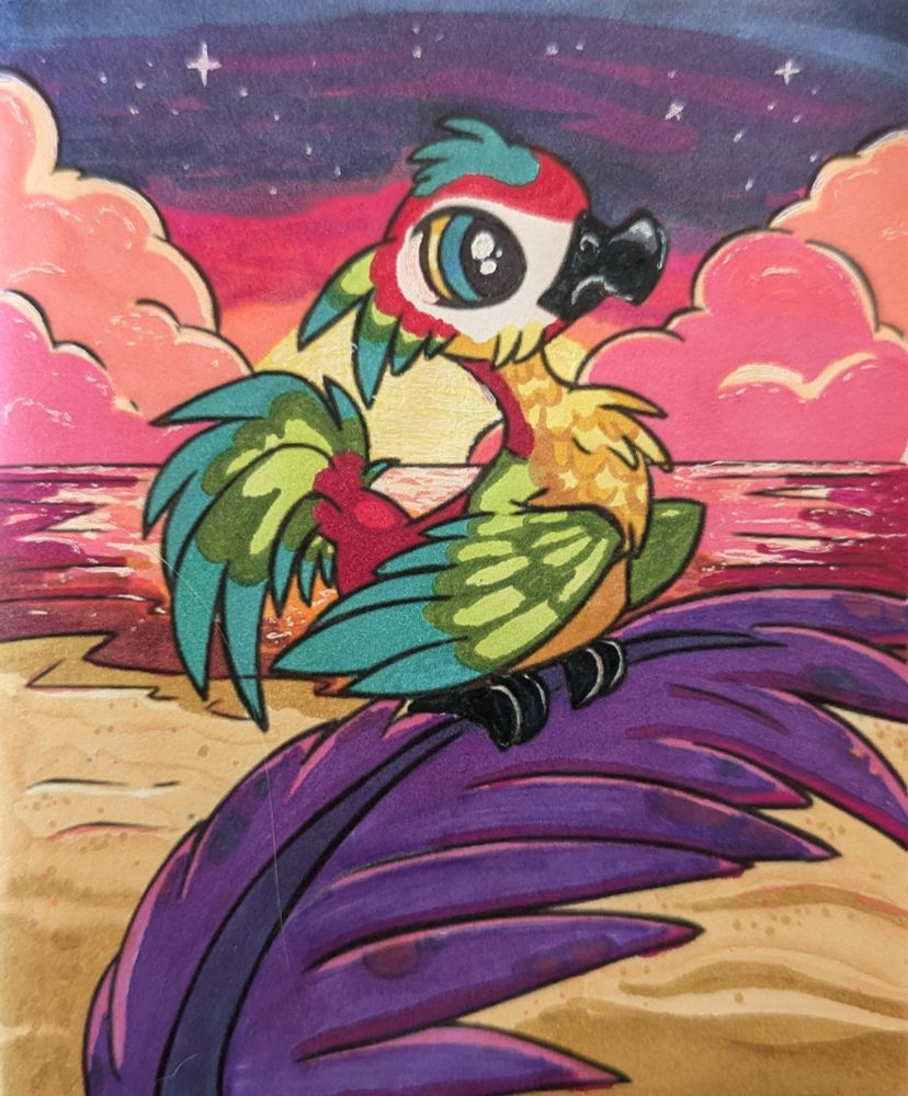 A coloring book page of a tropical bird with red, blue, green, and yellow feathers from the game Neopets sitting on a leaf in front of a beach at sunset.
