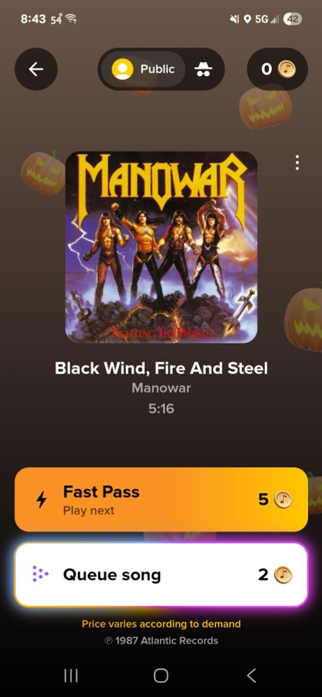 Black wind fire and steel by Manowar. I'm about to use touch tunes to piss some folks off 