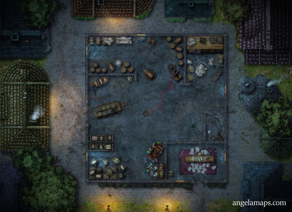 Warehouse battle map featuring an abandoned warehouse filled with broken barrels, abandoned crates, scattered papers, cobwebs, and more. The warehouse is in the middle of a patch of houses in a village. The warehouse is in the dark and has a few lanterns lighting the path around it. 