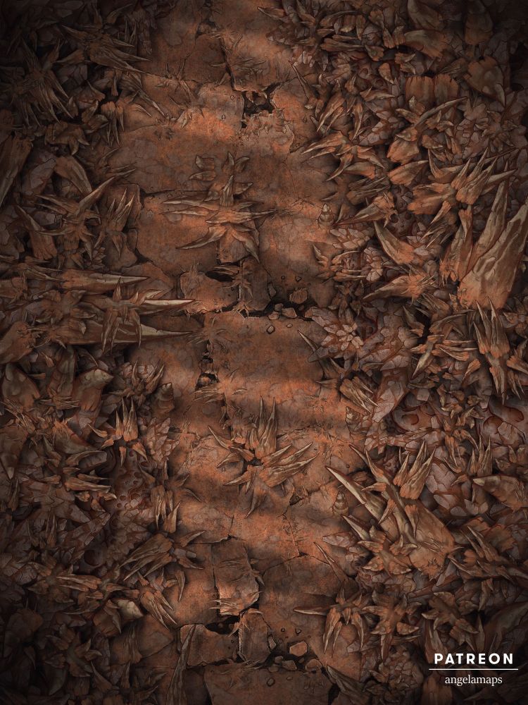 Needle Pass battle map featuring a large open pass in a field of sharp and jagged brown rocks. The rocks are dangerously sharp and show a great hazard. There are large cracks going through the entire pass. 