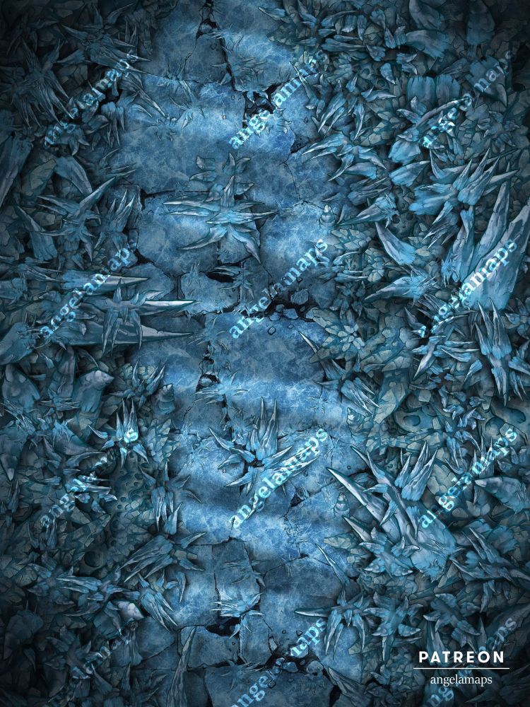 Needle Pass battle map featuring a large open pass in a field of sharp and jagged ice rocks. The rocks are dangerously sharp and show a great hazard. The entire map is blue, icy, and frosty. 