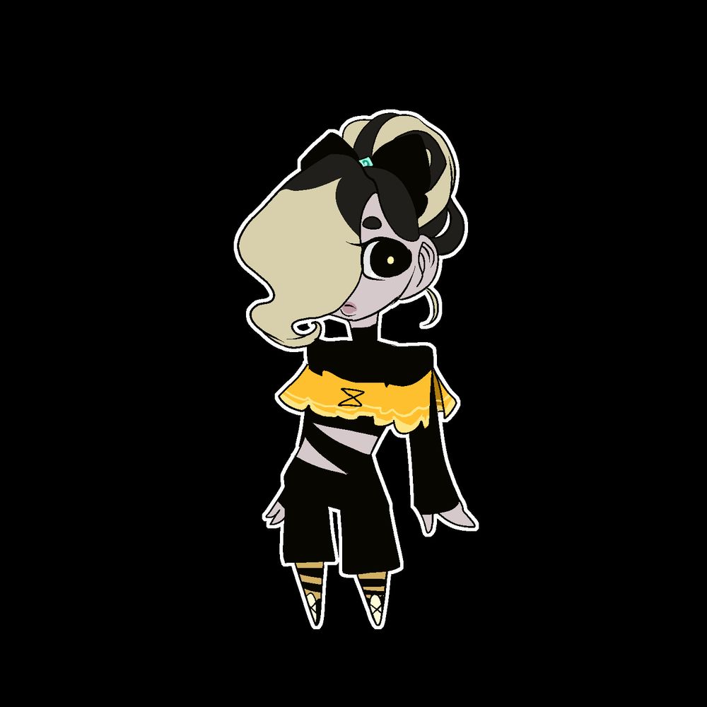 chibi drawing of girl with blonde hair and dark roots with black and yellow clothing