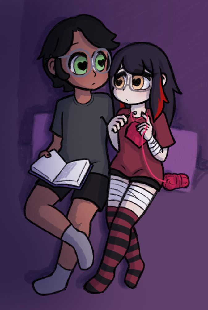 Two characters are sitting next to each other in their pajamas. One has a book in their lap, the other is crocheting and has bandages on her left wrist and both thighs. In the full version it is implied the one with the book bandaged up the loli character.

NOTE: Both characters are in their early 20s. Bsky pls let me do lolitober with ADULT characters who fall into the trope without yeeting me pls ;w;