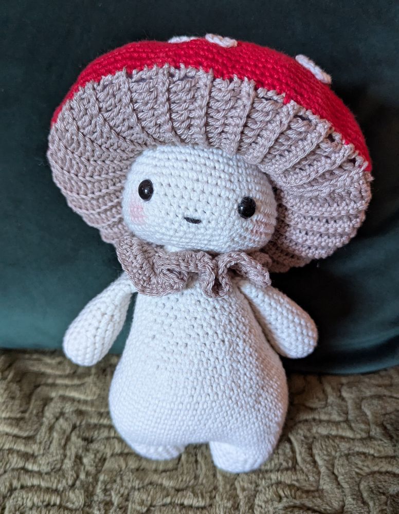Crochet mushroom amigurumi character front view 