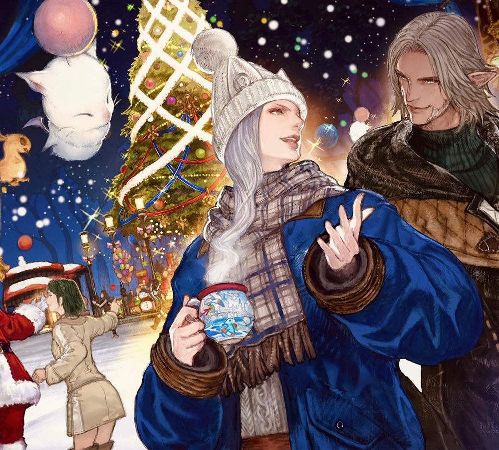 파판14의 시즈널 이벤트 일러스트. 배경에 아름답게 꾸며진 트리가 있고, 파란 외투를 입은 문브뤼다와 갈색 코트를 입은 위리앙제가 함께 이야기를 나누고 있다. 