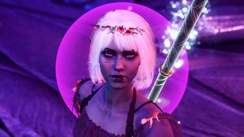 screenshot from the game Baldur's Gate 3 featuring a heavily modded Drow.