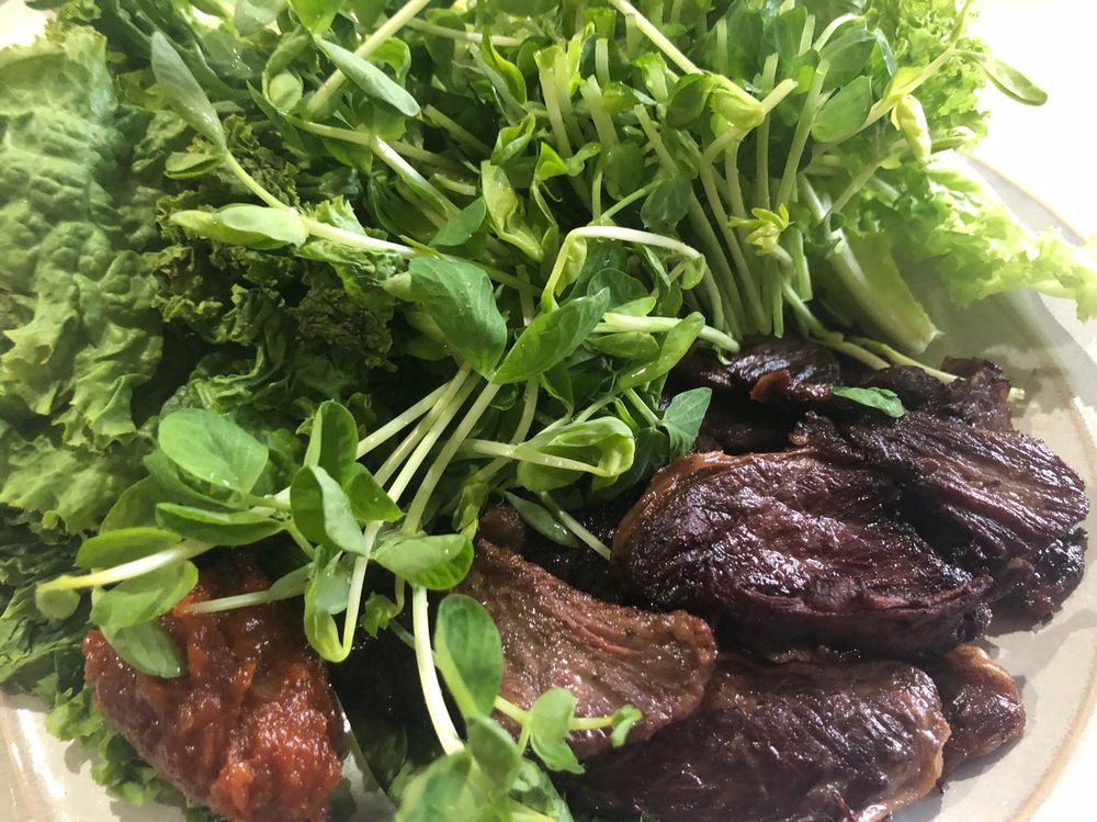 わっさわさのサンチュと豆苗
その下側によく焼いた牛ヒレ肉とスプーンで掬ったサムジャン