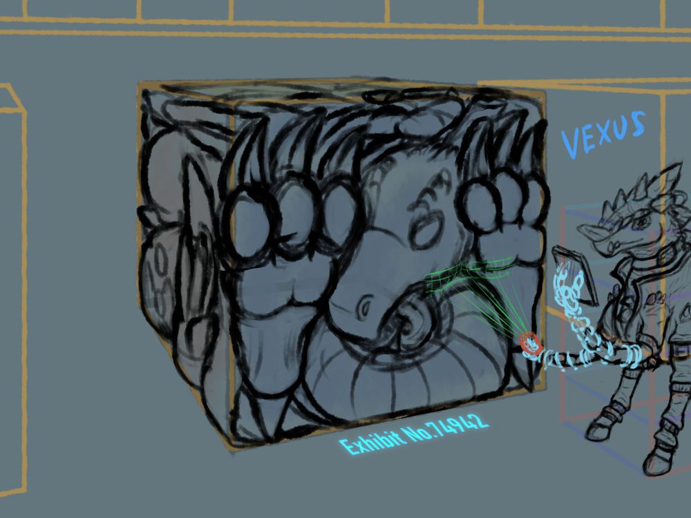 Dragon compressed into cube shape being stores on alien spaceship - museum with many others dragons