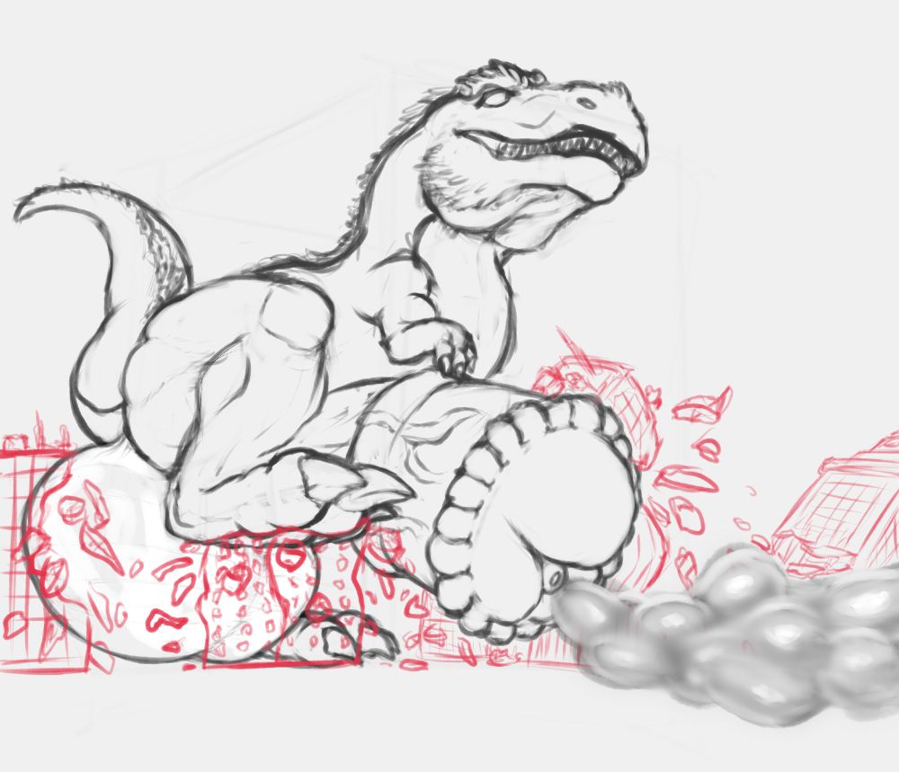 Demon Trex crushing the city with his hyper cock and balls and also stomps on buildings.