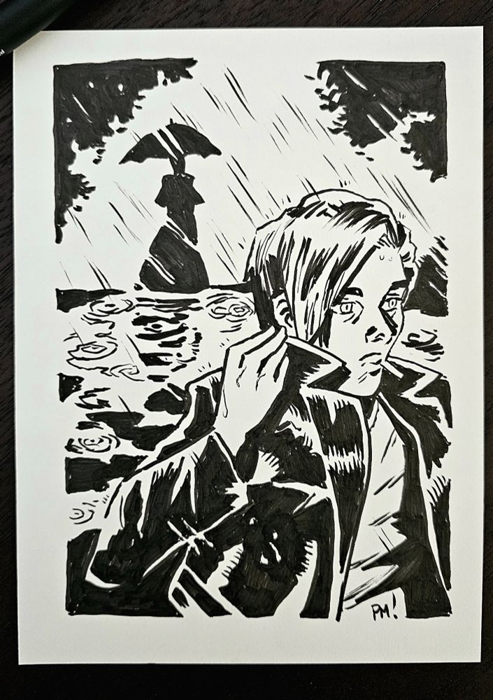 Young male walks in the rain, unlit cigarette in his mouth. A silhouette of a woman with an umbrella is in the background.